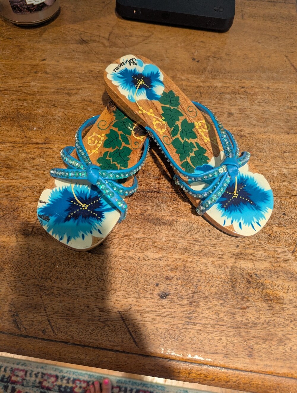 Handpainted Italian Blue Floral Rhinestone Strap Women’s Sandals